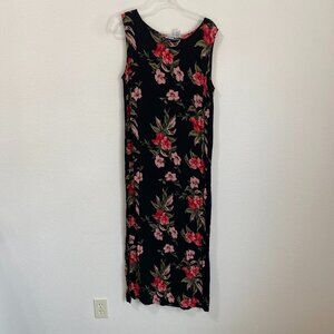 Vintage 90's JM Collection Black Pink Red Floral Midi Dress Sleeveless